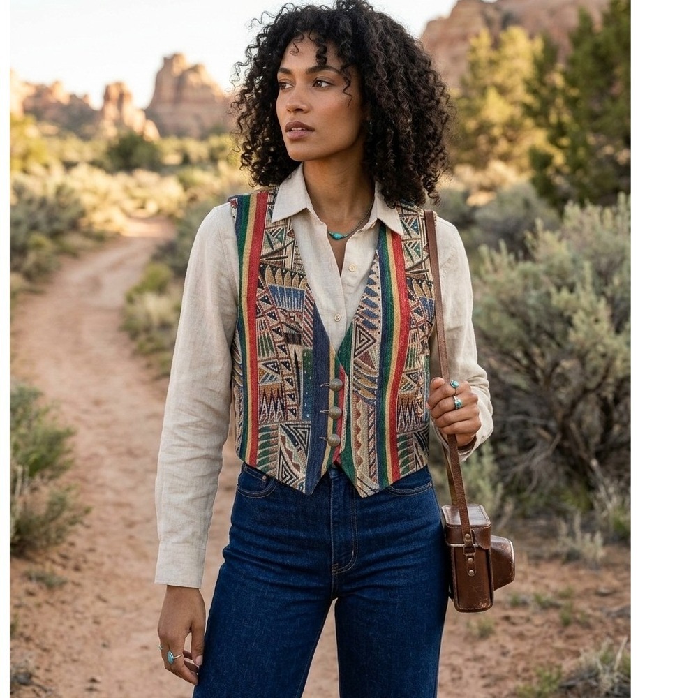 Terry Ward Vintage Tapestry Vest Womens M Southwestern Geometric Woven Tribal